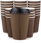 Promora Brown Disposable Coffee Cups With Lids 16 oz, Premium Insulated Paper Ripple Cups for Hot Coffee (80 Pack)