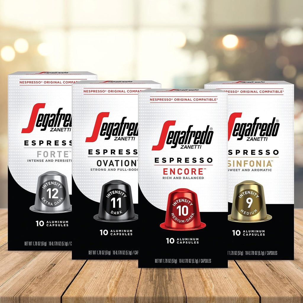 Segafredo Zanetti Espresso Capsules – Aluminum Pods for Nespresso Original Machines – Medium-Dark Roast Premium Espresso with a Rich Aroma – Balanced, Intensity 10 – Encore, 10 Count (Pack of 4)