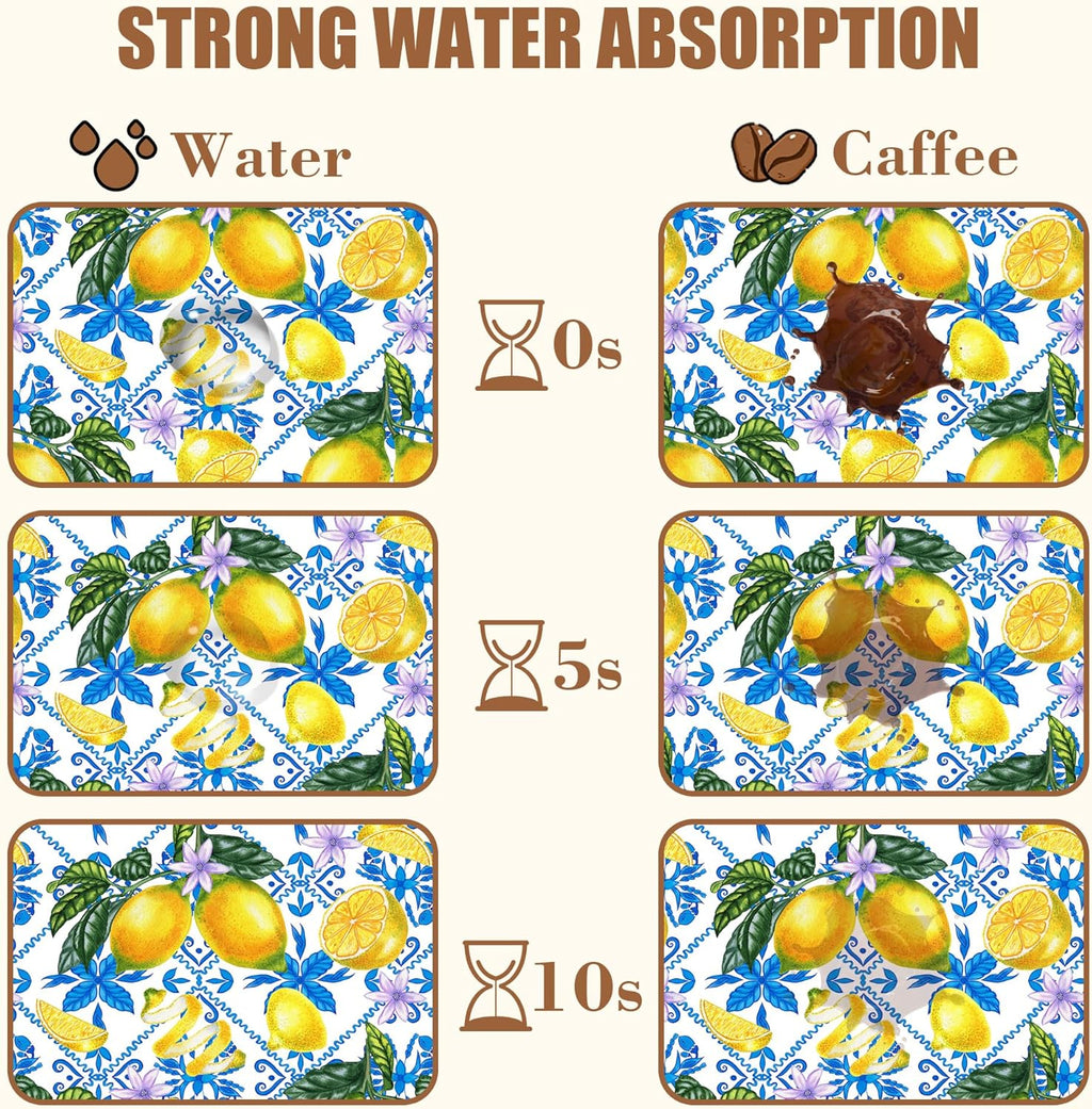 Lemon Fruit and Purple Flower Coffee Mat Absorbent Dish Drying Mat for Kitchen Counter Hide Stain Rubber Backed Coffee Bar Accessories Fit Under Espresso Machine Dish Drainer, 15.7 x 23.6 Inch