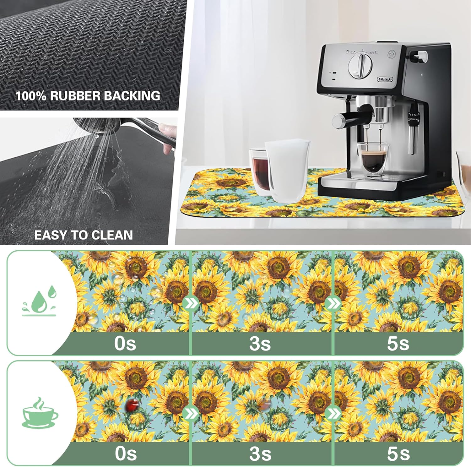 Dish Drying Mat Watercolor Rustic Sunflower Dish Drying Pad,16"X24" Bsorbent Coffee Mat for Sink Dishes or Under Rack Kitchen Counter Accessories Absorbent Hide Stain Rubber Backed Drying Mat