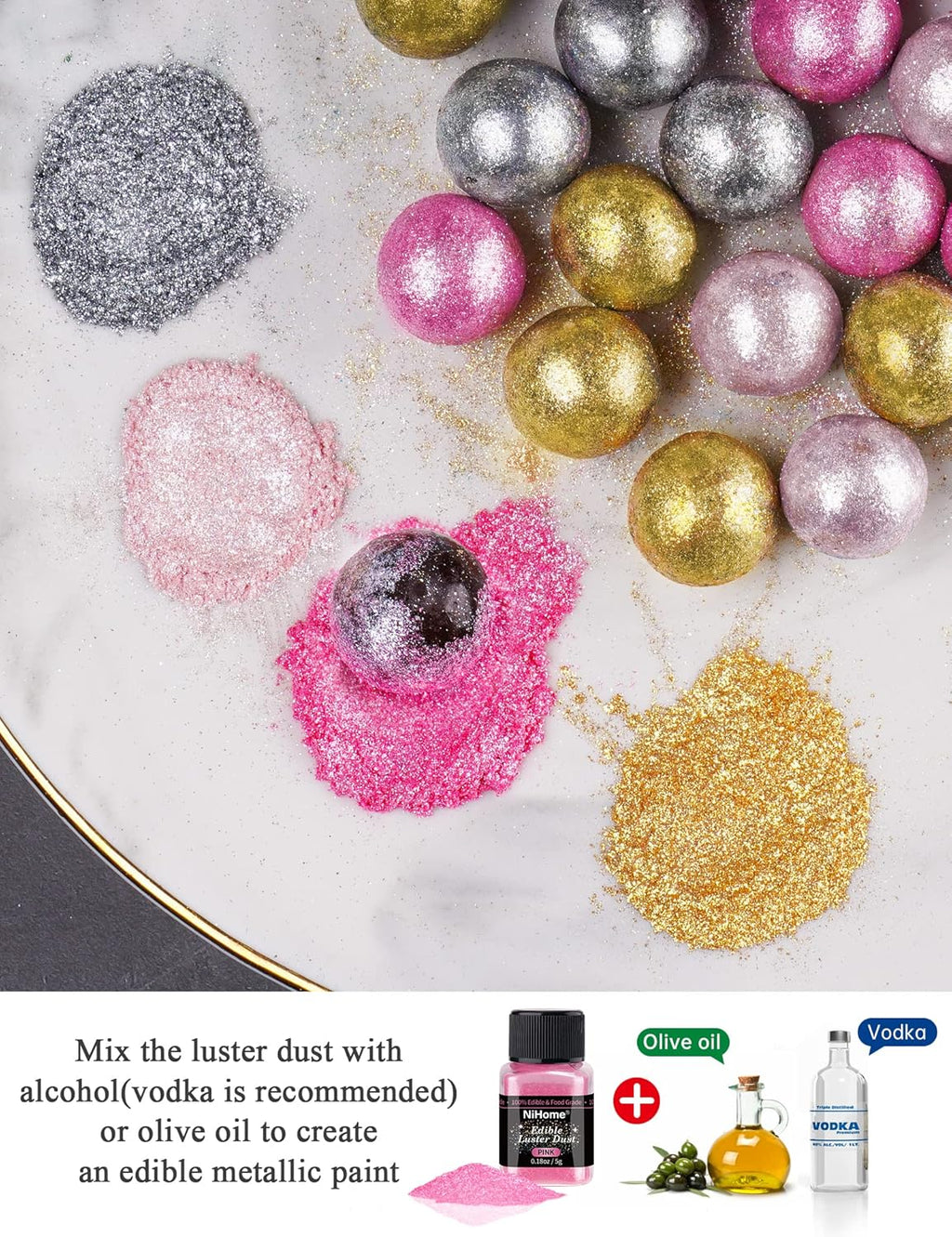 NiHome Edible Luster Dust Glitter Powder Fancy Metallic Sprinkles, Glimmer Luster Dust 4 Bottles of 0.18oz/5g for Decorating Drinks Cakes in Bakeries, Allergen-Free Food Coloring (4 Colors 20g)