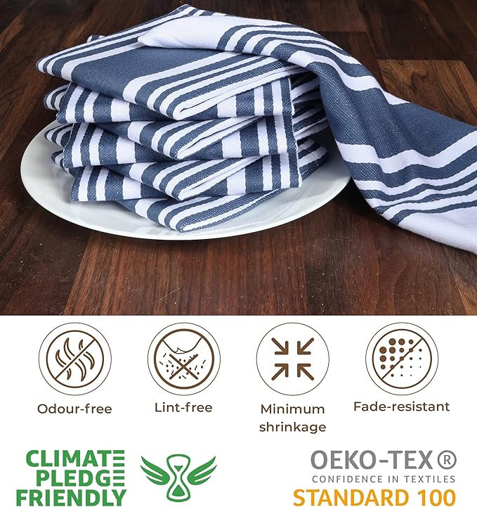 Urban Villa Dish Cloth 100% Cotton Pack of 8, Highly Absorbent Quick Drying Soft Premium Dish Towels for Kitchen with Hanging Loop Hand & Tea Towels - 12x12 Inch, (Indigo Blue & White, Striped)