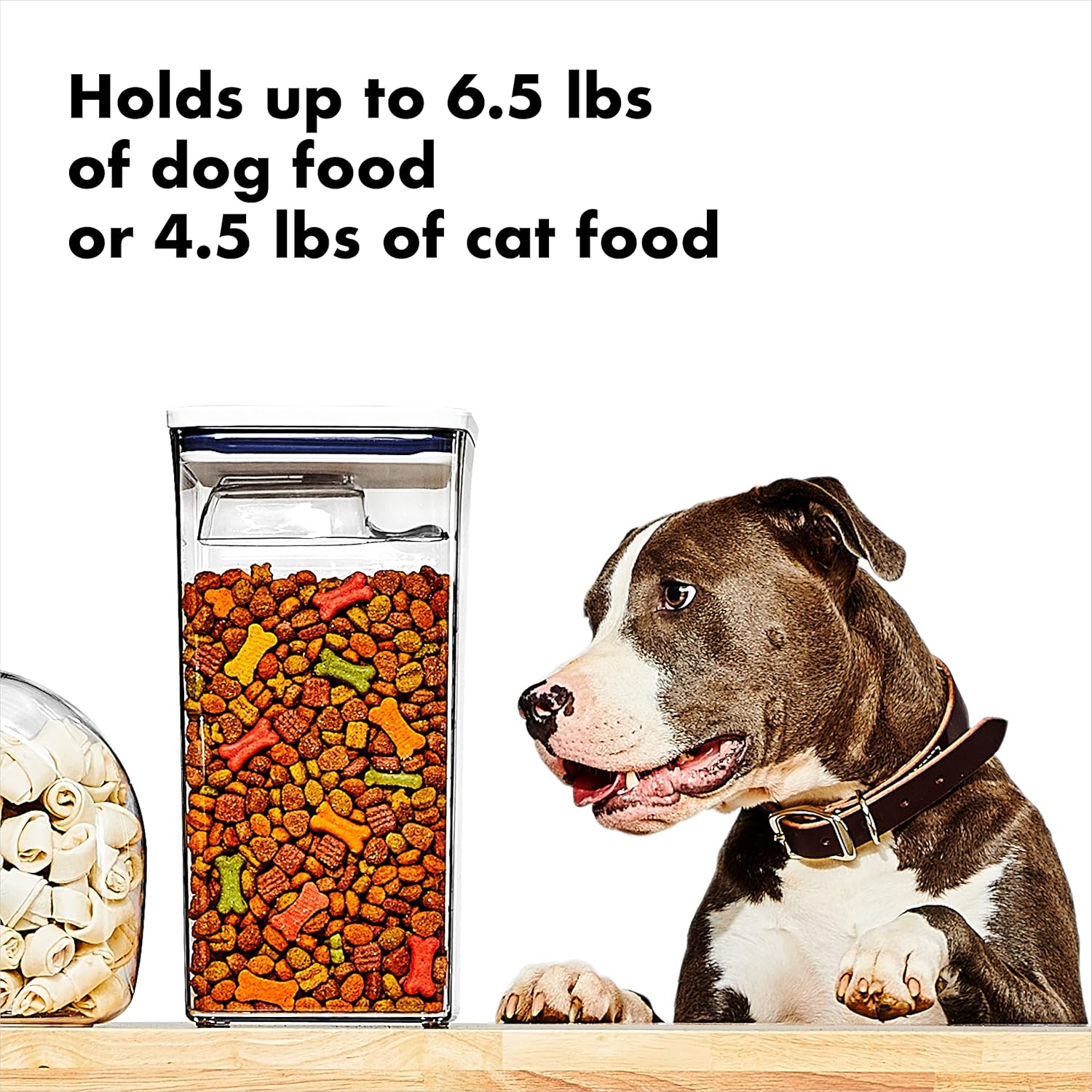 OXO Good Grips Pet POP Container – 6.0 Qt/5.7 L with Half Scoop, Ideal for up to 6.5lbs of Dog Food or 4.5lbs of Cat Food, Airtight Dog and Cat Food Storage Container, BPA Free, Clear
