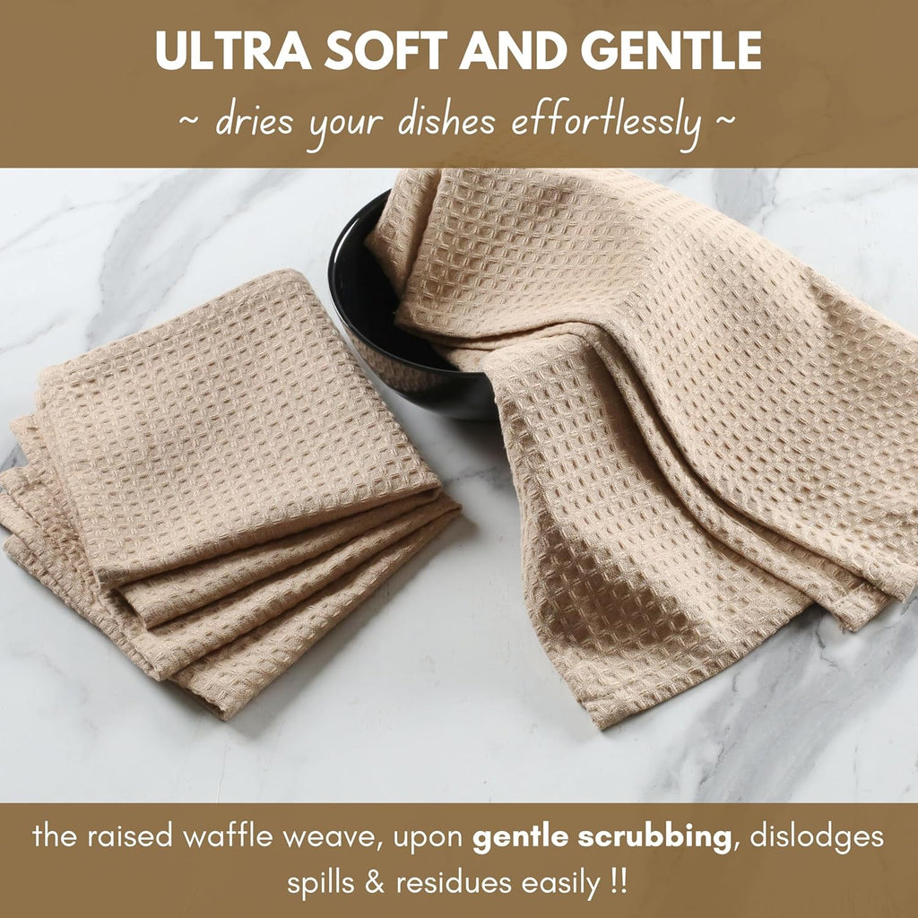 Native Fab Waffle 12 Pack Dish Cloths - 100% Cotton, Absorbent, Quick Drying, Washable Towels for Cleaning, Cooking & Baking - Great for Daily Use, Home, Restaurants, Cafes - 12" x 12" - Beige