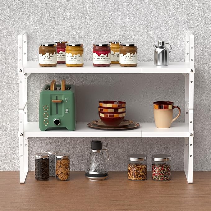 Slideep Expandable Cabinet Shelf Organizer Rack,Large Kitchen Cabinet Organizer Stackable Counter Shelf Organizer large Expandable Shelves, Counter Pantry Storage Organization, White, 3 pack