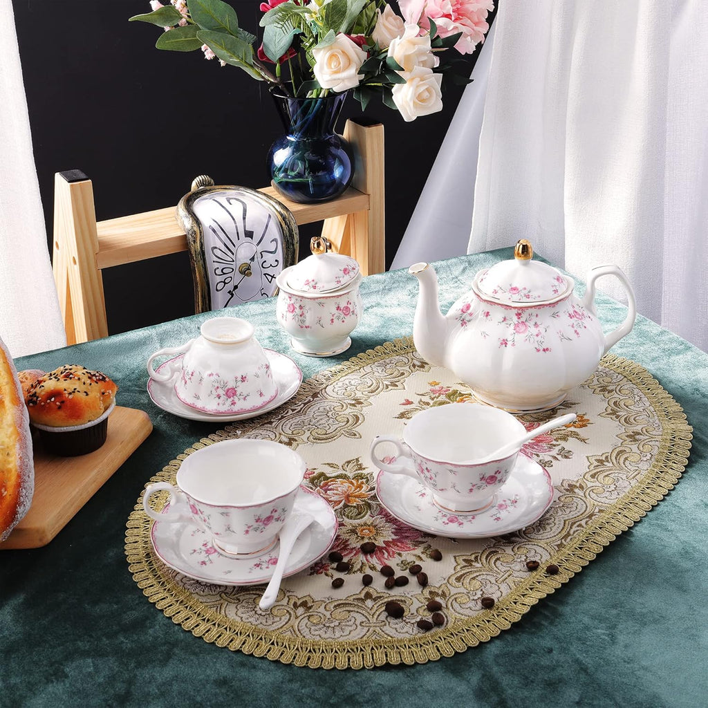 fanquare Vintage Porcelain Tea Set for Women Tea Party, Cup and Saucer Set for 6, Wedding Floral Teapot Set for Adults, Pink Rose