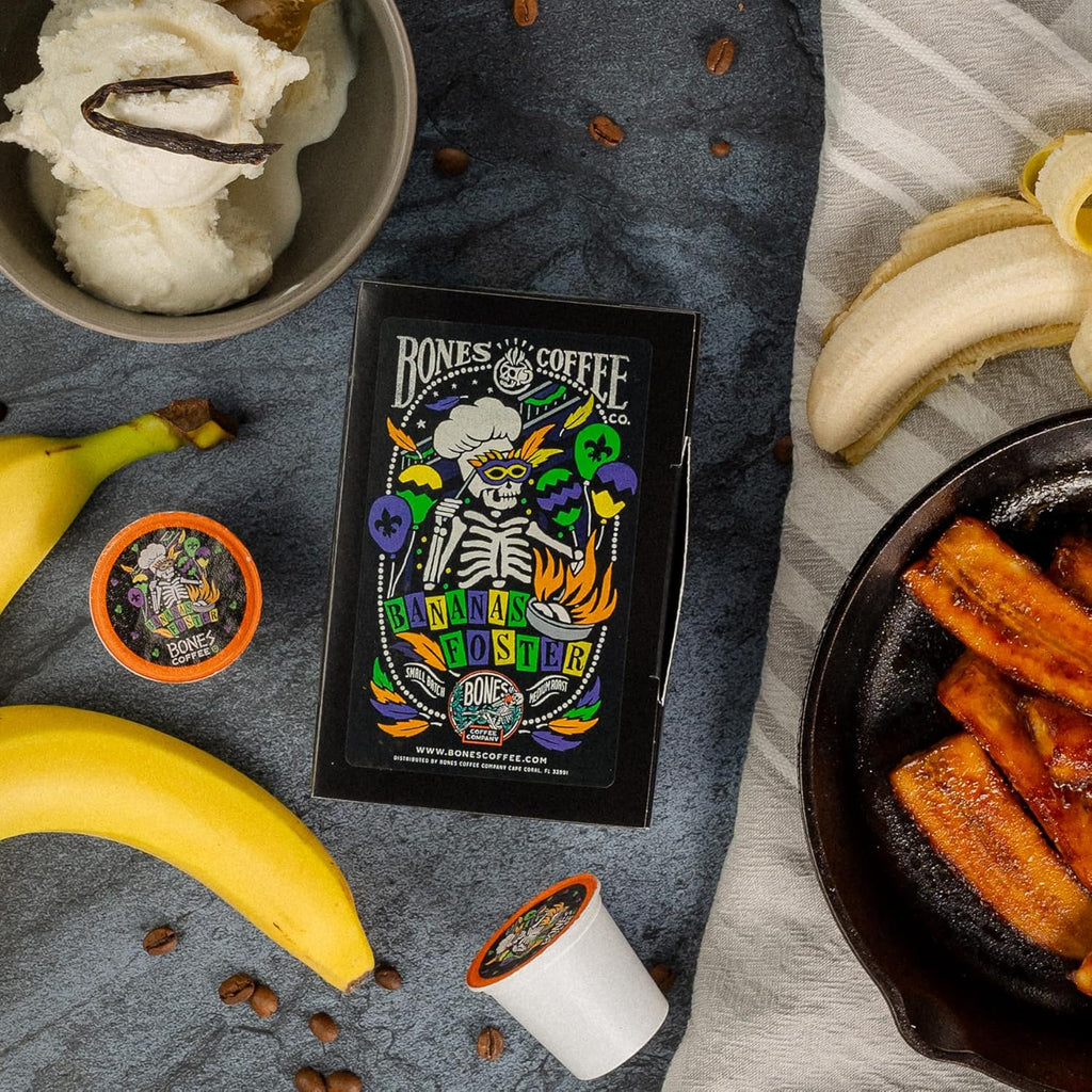 Bones Coffee Company Flavored Coffee Bones Cups Bananas Foster Flavored Pods | 12ct Single-Serve Coffee Pods Compatible with Keurig 1.0 & 2.0 Keurig Coffee Maker