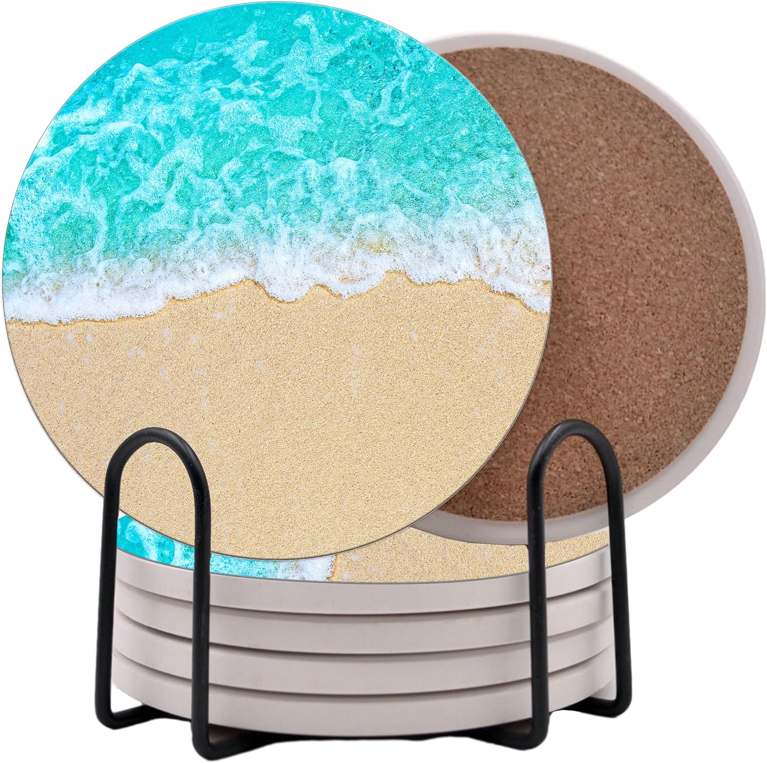 Ocean Coastal Theme Round Coasters Set of 6 - Abosrbent Ceramic Coasters with Metal Stand for Drinks, Beer, Coffee, Non-Slip Cork Back for Tabletop Protection, 4 Inches (Sand)