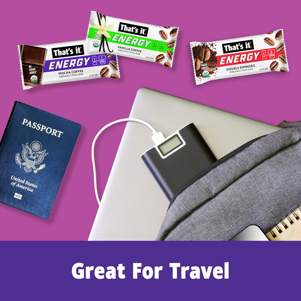 That’s it. Organic Energy Coffee Mini Bars - (6 each of Vanilla, Mocha, Double Espresso) Grab and Go, No Added Sugars, Non-GMO, Caffeine Power Snack, Kosher, Allergy Friendly (Variety - 18 Count)