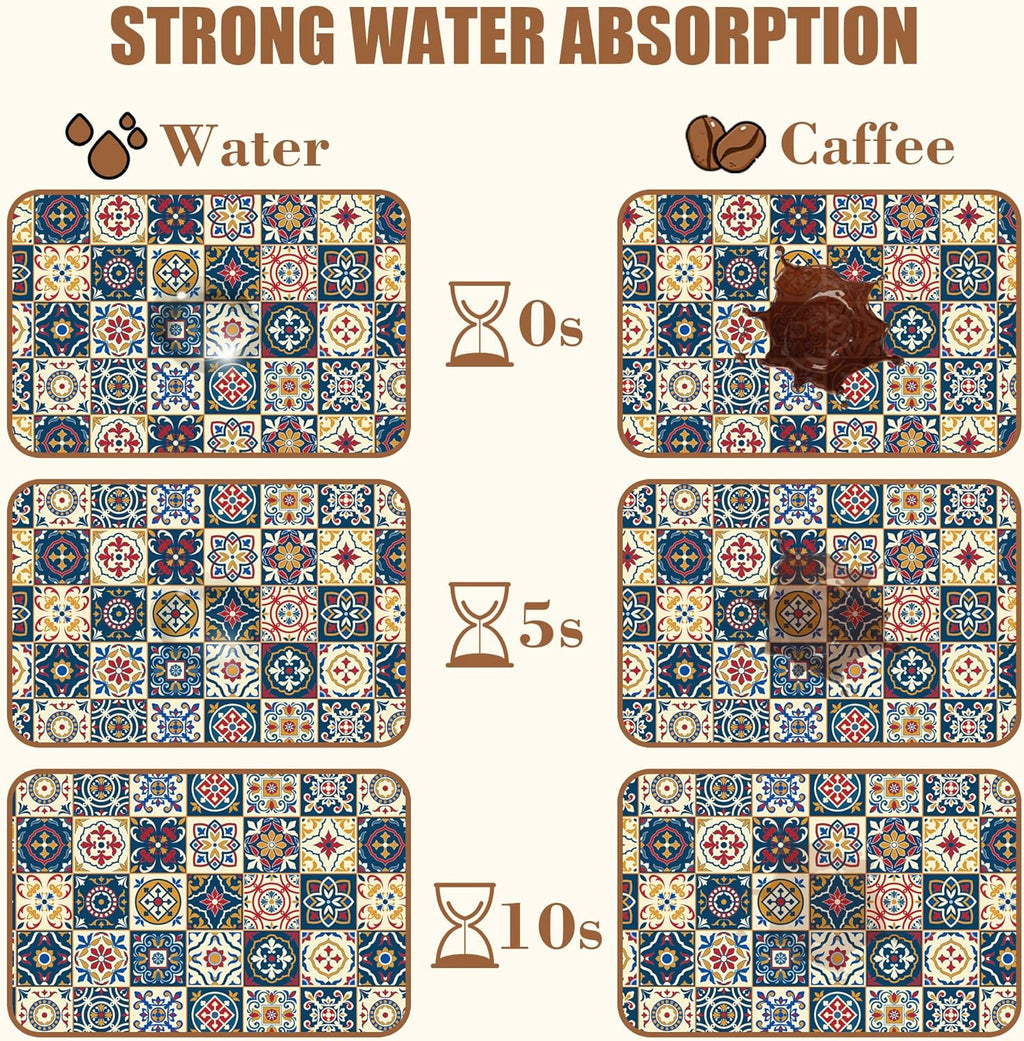 Dish Drying Mat Moroccan Tile Coffee Bar Mat for Countertop Absorbent Rubber Backed Hide Stain Dish Drainer Rack Pad Coffee Maker Espresso Machine Dining Room Decoration 11.8 x 19.7 Inch