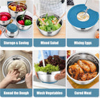 E-far Stainless Steel Mixing Bowls with Lids Set, 5-Piece Nesting Salad Bowls with 3 Grater Attachments and Non-Slip Bottoms, Size 4.6, 2.6, 2, 1.5, 1QT for Kitchen (Blue)