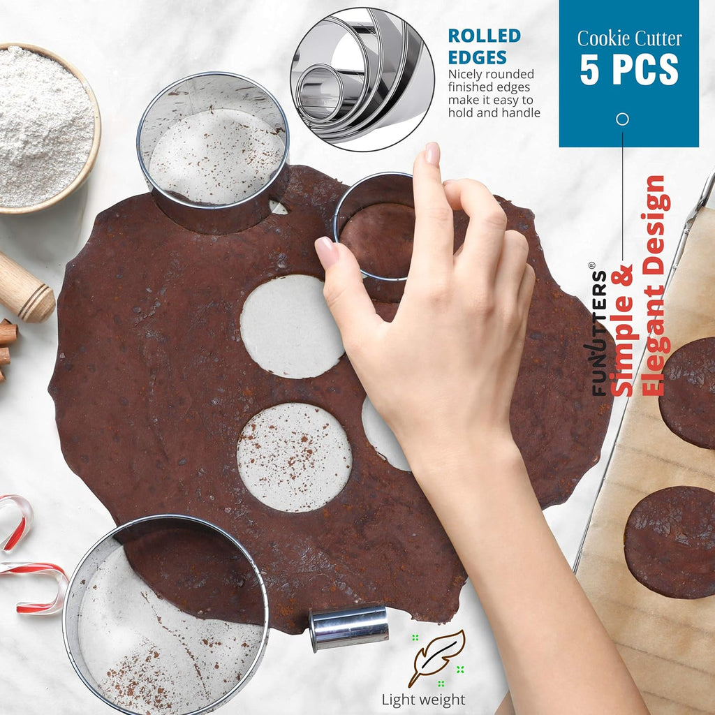 Cookie Cutter Set, 5 Pc. Kit, Measuring 1'', 2'', 3'', 4'' and 5'', Round Metal Baking Rings for Pastry, Biscuits, and Dough Cutting, Heavy Duty and Reusable, Multiple Sizes