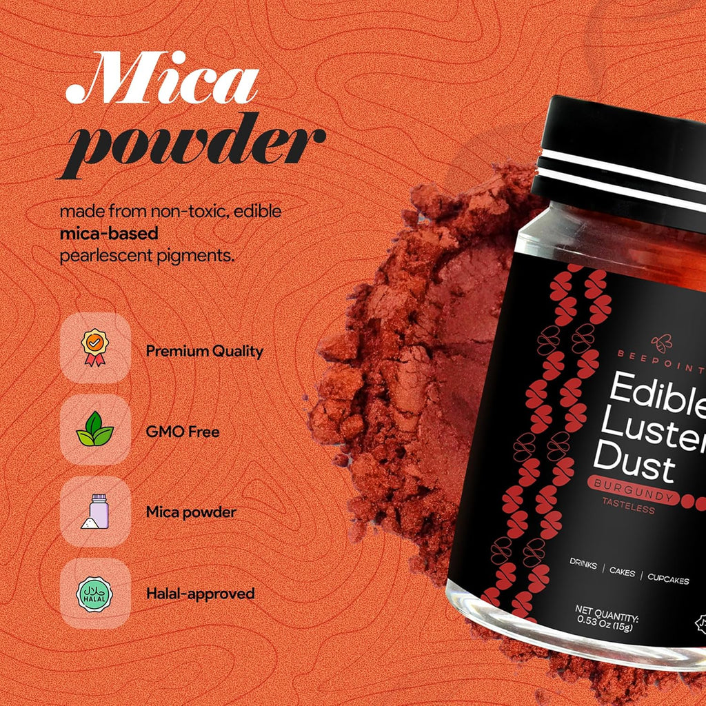 BeePoint Burgundy Edible Luster Dust 15g - Food Grade, Vibrant Color Shimmer Powdered Dust for Drinks, Cocktails, Cake Decorating, Baking, Chocolates, Candy, Sweets, & Cookies - Vegan & Gluten Free