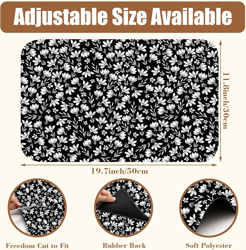 Black and White Flowers Dish Drying Mat for Kitchen Counter Coffee Bar Mat Hide Stain Absorbent Rubber Backed Drying Rack Pad Espresso Machine Coffee Bar Accessories 11.8 x 19.7 Inch