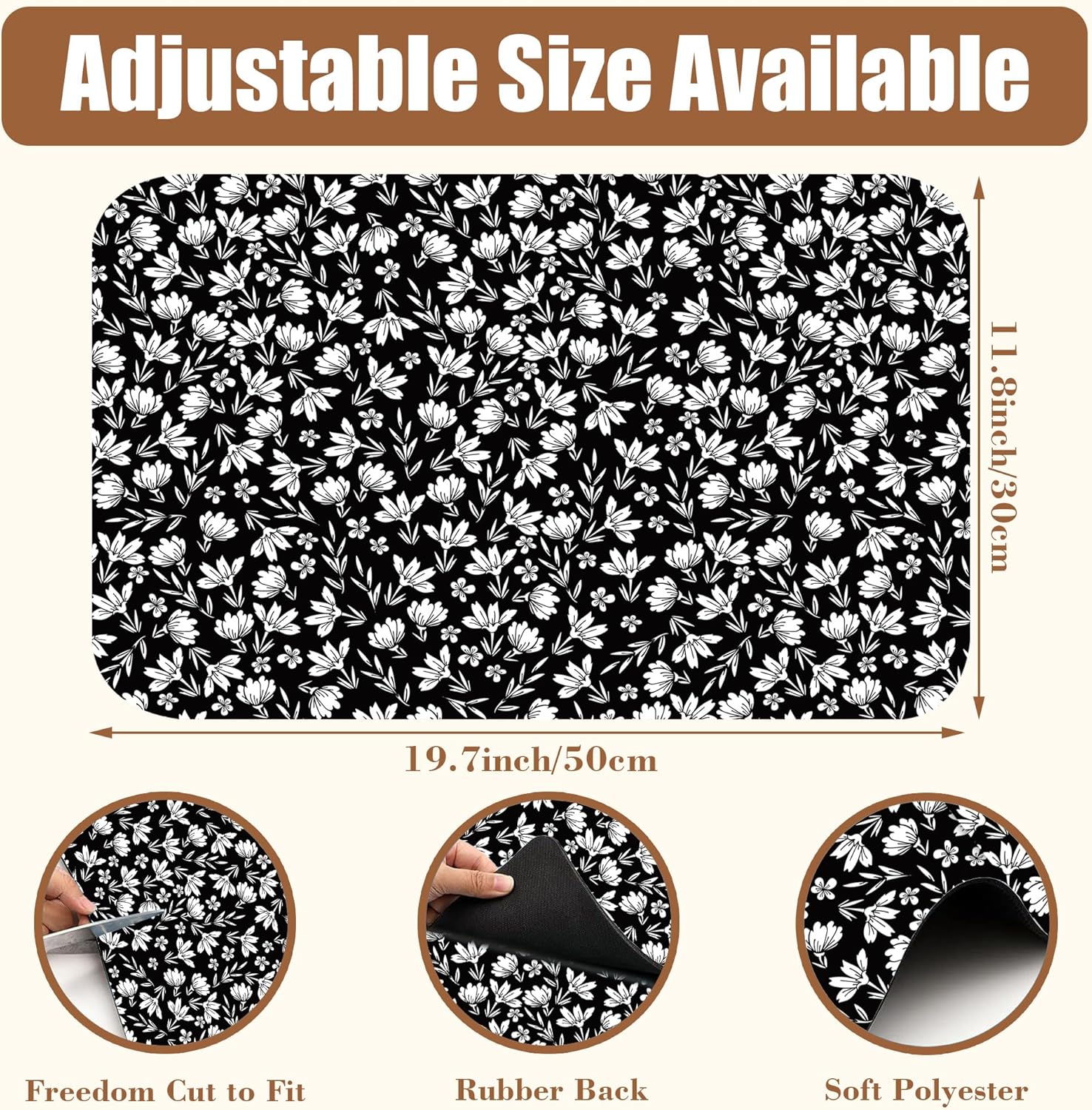 Black and White Flowers Dish Drying Mat for Kitchen Counter Coffee Bar Mat Hide Stain Absorbent Rubber Backed Drying Rack Pad Espresso Machine Coffee Bar Accessories 11.8 x 19.7 Inch