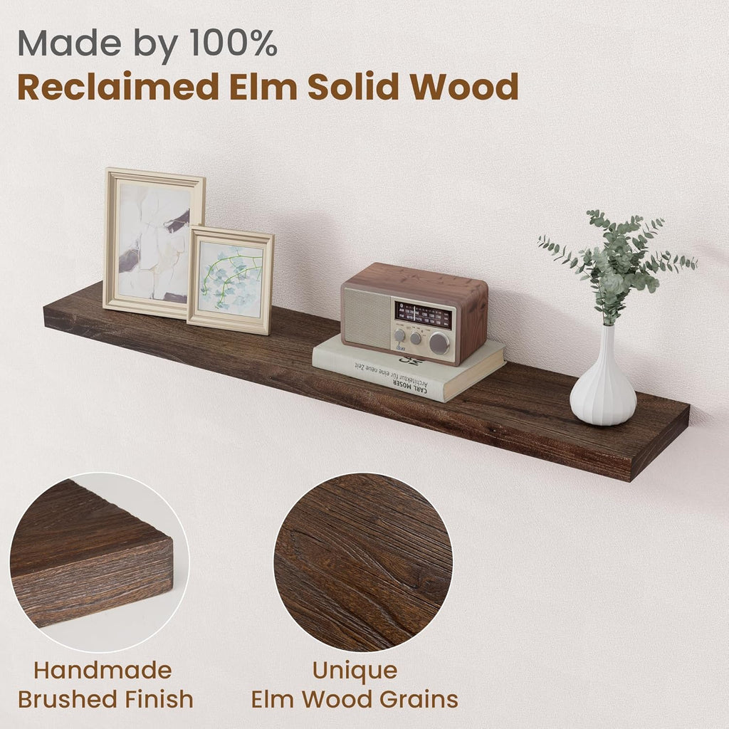Floating Shelves for Wall Decor, 8 Inch Deep Rustic Solid Elm Wood Floating Shelves Wall Mounted, Wall Shelves with Invisible Bracket for Living Room Bathroom Bedroom Kitchen, 40 Inch Set of 1, Walnut