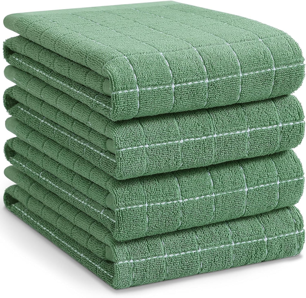 Homaxy 100% Cotton Terry Kitchen Towels(Grass Green, 20 x 28 inches), Checkered Designed, Soft and Super Absorbent Dish Towels, Large 4 Pack