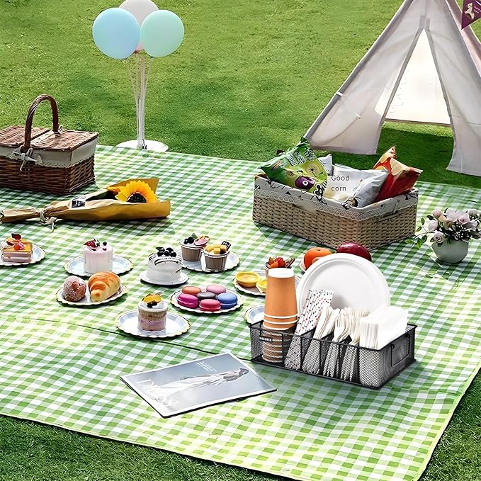 Silverware Organizer with Handle - Metal Utensil Caddy for Kitchen Counter, 7 Compartment for Plate, Cup, Napkin, Paper Plate Dispenser for Party, Picnic