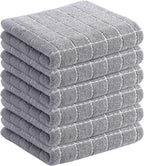 Homaxy 100% Cotton Terry Kitchen Towels(Light Grey, 13 x 28 inches), Checkered Designed, Soft and Super Absorbent Dish Towels, 6 Pack