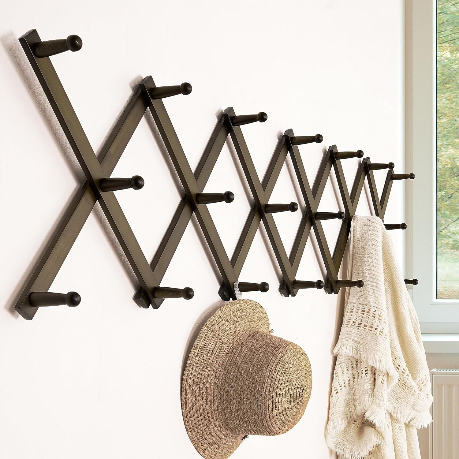 Dseap Accordion Wall Hanger:16'' High Wooden Wall Expandable Coat Rack,Hat Rack Holder,Accordion Hook for Baseball Caps,Coats,20 Peg Hooks,Dark Walnut