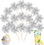 40 PCS Foil Firework Cupcake Toppers Fireworks Cupcake Picks Sparkle Tinsel Cake Decorations Cocktail Fruit Toothpick for Firework Theme Birthday Wedding Graduation Party Decorations Supplies Silver