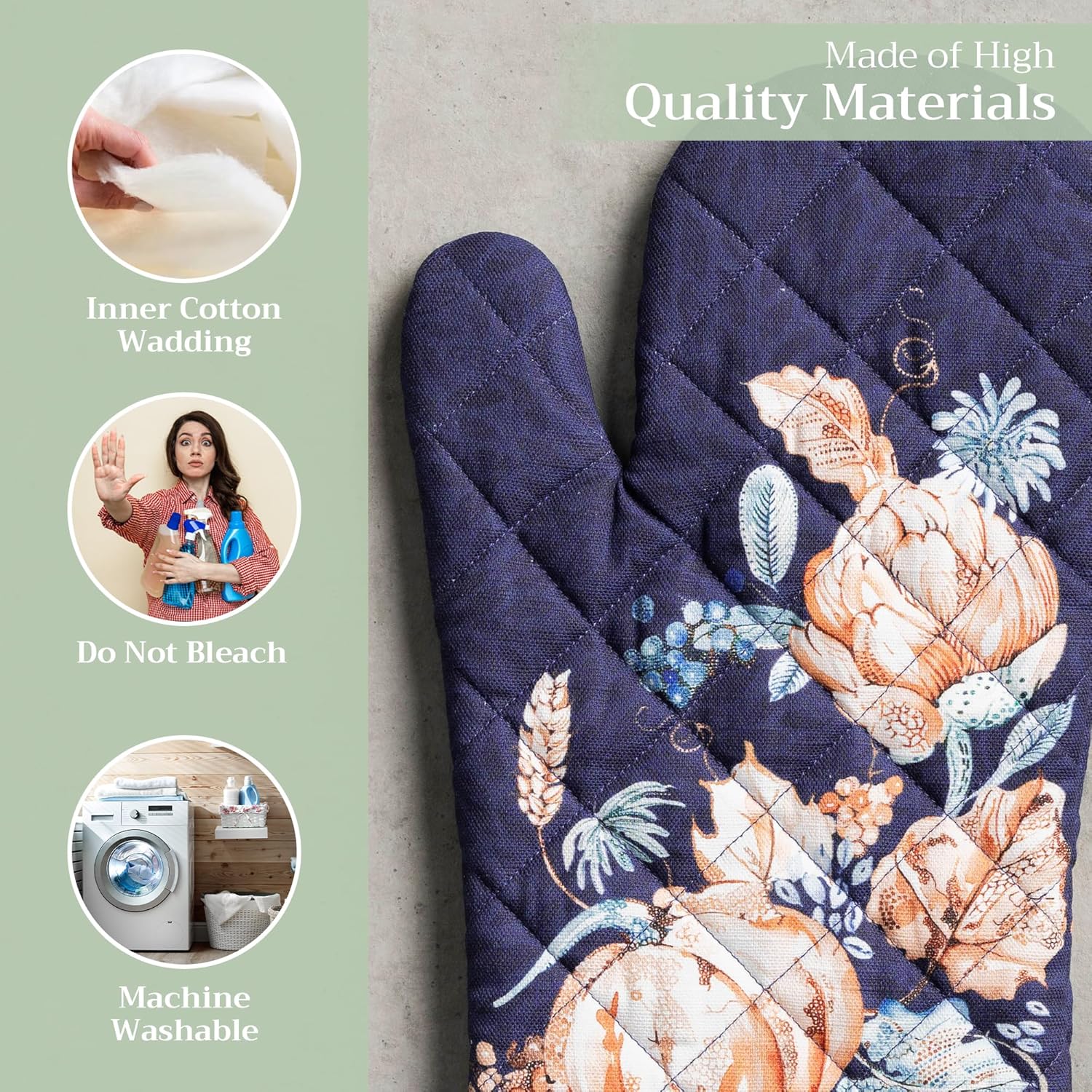 Maison d' Hermine Oven Gloves 100% Cotton Oven Mitt 7" x 13" with Loop Heat Resistant, BBQ, Cooking Gloves, Baking, Grilling, Kitchen, Handling Hot Pans (Pack of 1, Pumpkin Blues)