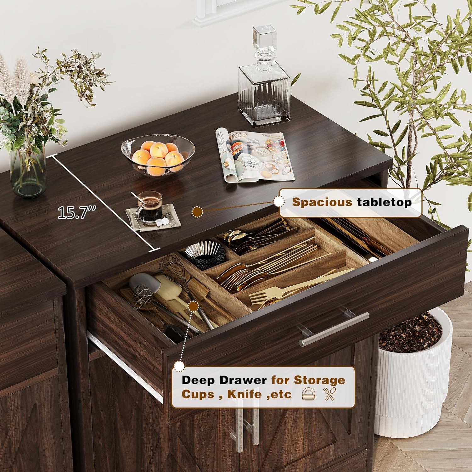 Vongrasig Sideboard Buffet Cabinet with Storage, Modern Kitchen Storage Cabinet with 1 Drawer and 2 Doors, Wood Coffee Bar Buffet Table for Kitchen, Dining Room, Rustic Brown