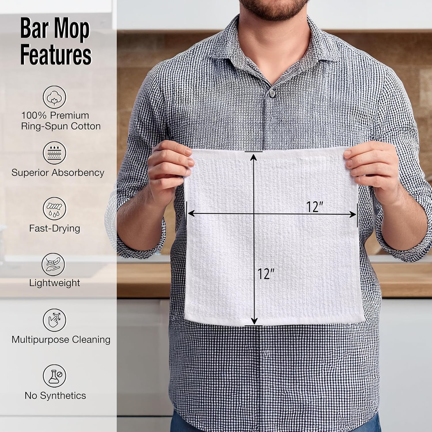 Bar Mop Cleaning Kitchen Dish Cloth Towels 12" x 12", 100% Cotton, Machine Washable, Everyday Kitchen Basic Utility Bar Mop Dishcloth Set of 36, White