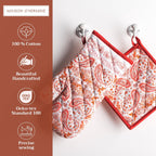 Maison d' Hermine 100% Cotton Oven Mitt & Pot Holder Set (7.5"x13" & 8"x8") Heat Resistant BBQ Cooking Gloves with Loop, Baking, Grilling, Kitchen, Handling Hot Pans (Orient)