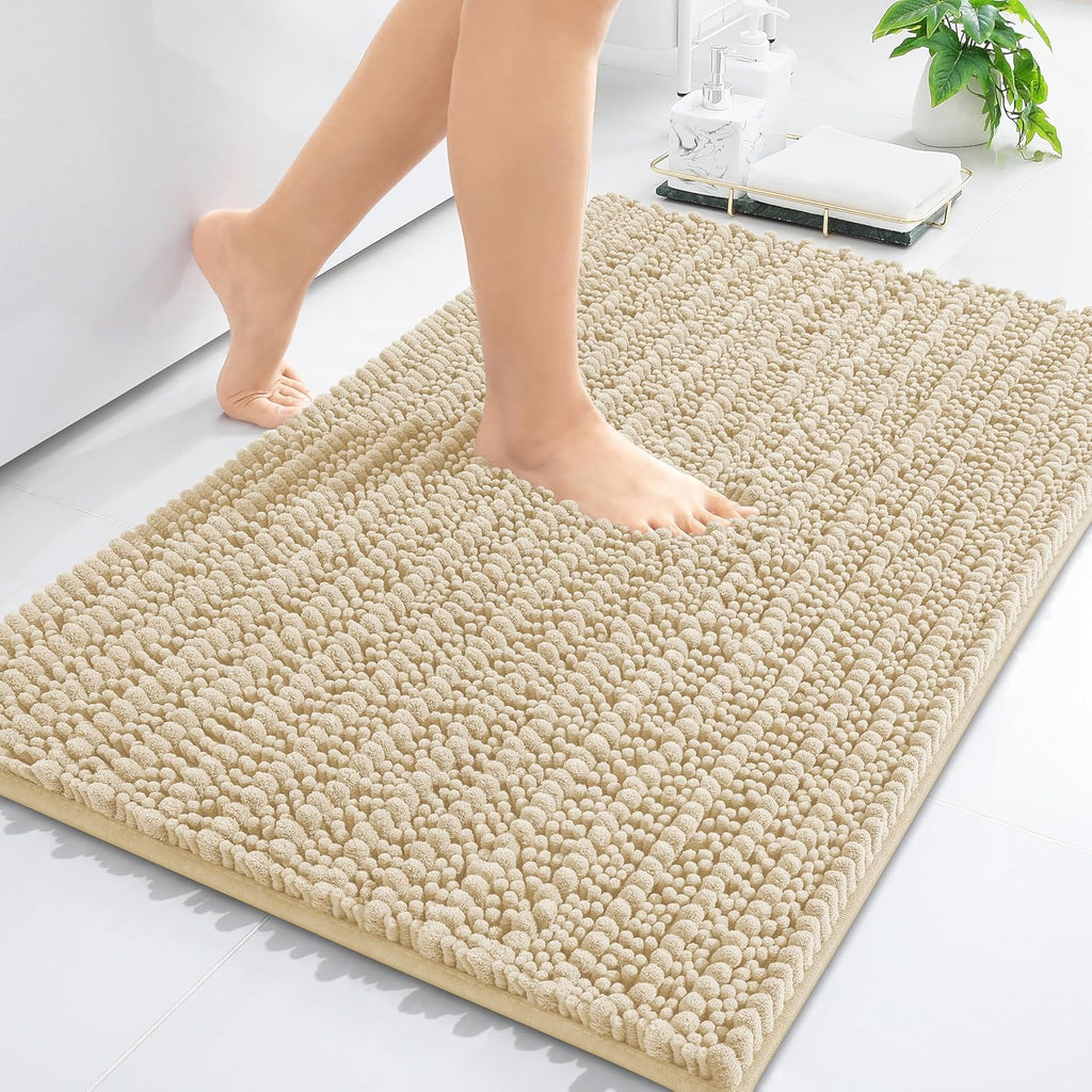 Arotive Luxury Chenille Bathroom Rug Mat, Extra Soft Thick Absorbent Shaggy Bath Rugs, Non-Slip Machine Wash Dry, Plush Bath Mats for Bathroom, Shower and Tub, 34x21, Cream Beige