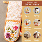 Maison d' Hermine Double Oven Mitts 100% Cotton 7"x35" Double Oven Mitt Heat Resistant BBQ Cooking Gloves with Loop, Baking, Grilling, Home, Kitchen, Handling Hot Pans (Pumpkin Garden - Cloudy Cream)