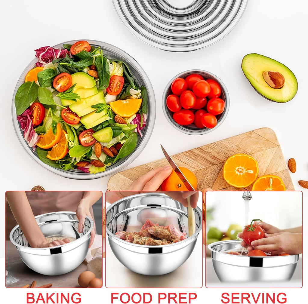 E-far Mixing Bowls with Lids Set, 7-Piece Stainless Steel Mixing Salad Bowls with 3 Grater Attachments, Size 4.6, 3.5, 2.6, 2, 1.5, 1, 0.7QT, Nesting Design & Red Airtight Lids, For Baking/Cooking