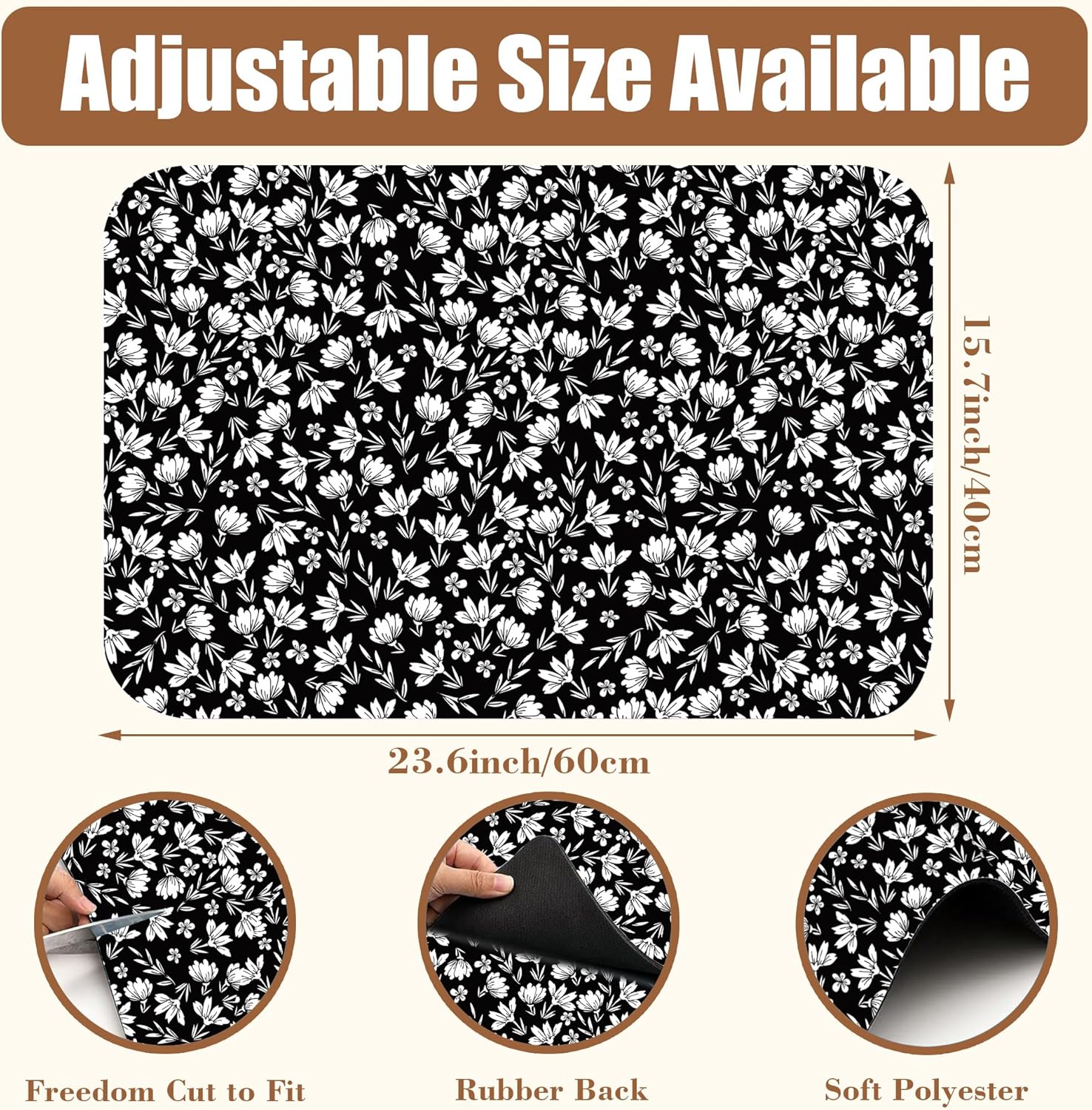 Black and White Flowers Dish Drying Mat for Kitchen Counter Coffee Bar Mat Hide Stain Absorbent Rubber Backed Drying Rack Pad Espresso Machine Coffee Table Accessories 15.7 x 23.6 Inch
