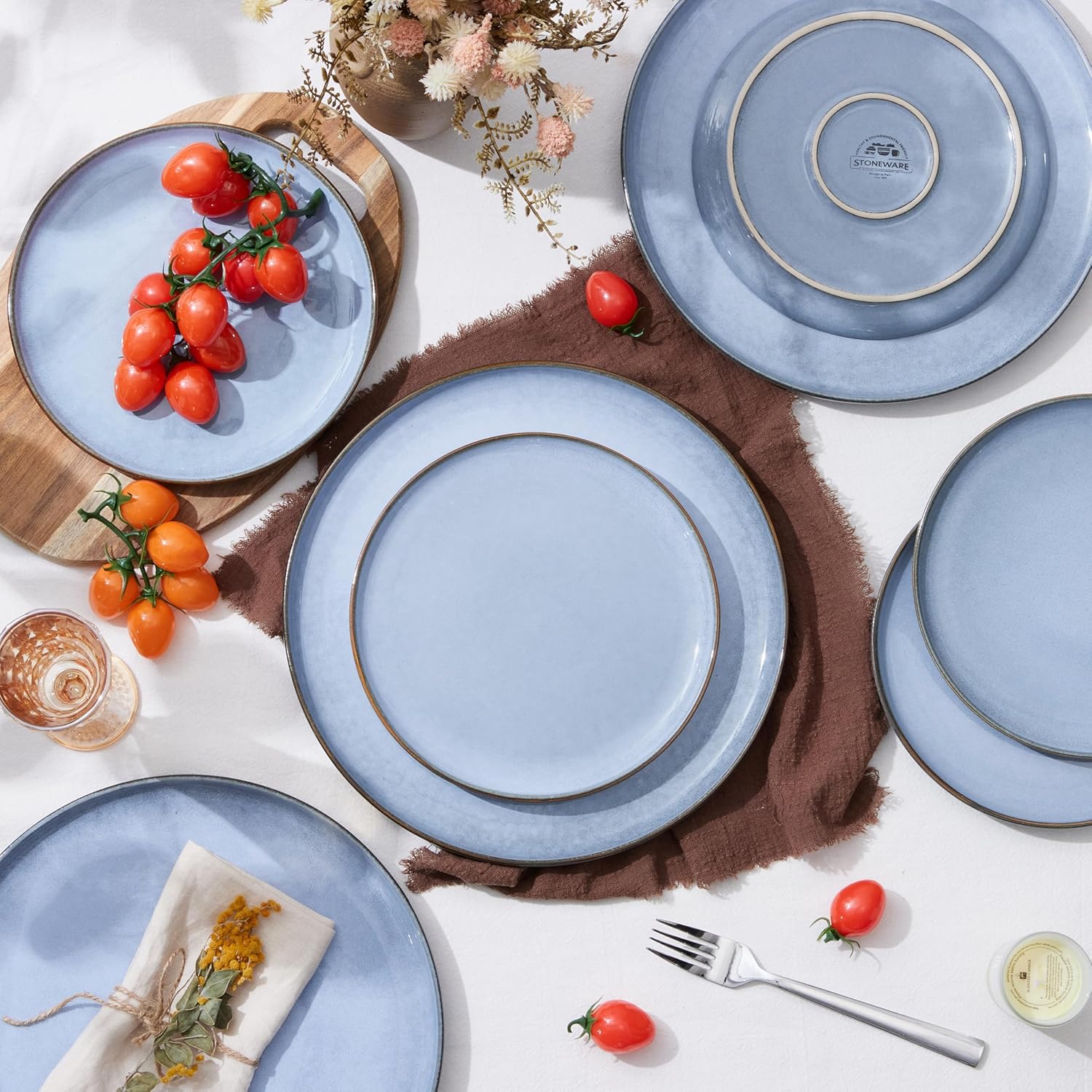 Herogo 6-Piece Stoneware Dinner Plates Set, 7.9" Ceramic Round Dessert Plate Set, Small Handmade Double Reactive Glaze Dinnerware Plates for Kitchen, Microwave, Oven and Dishwasher Safe, Haze Blue