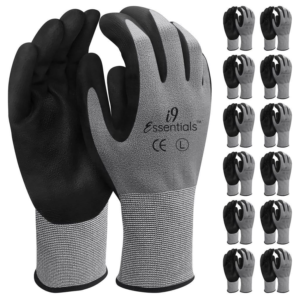I9 Essentials Safety Work Gloves – 12 Pairs MicroFoam Nitrile Coated, Seamless Nylon Knit Grip Gloves for Construction, Home Improvement, Gardening, Mechanics, Automotive – Large, Breathable