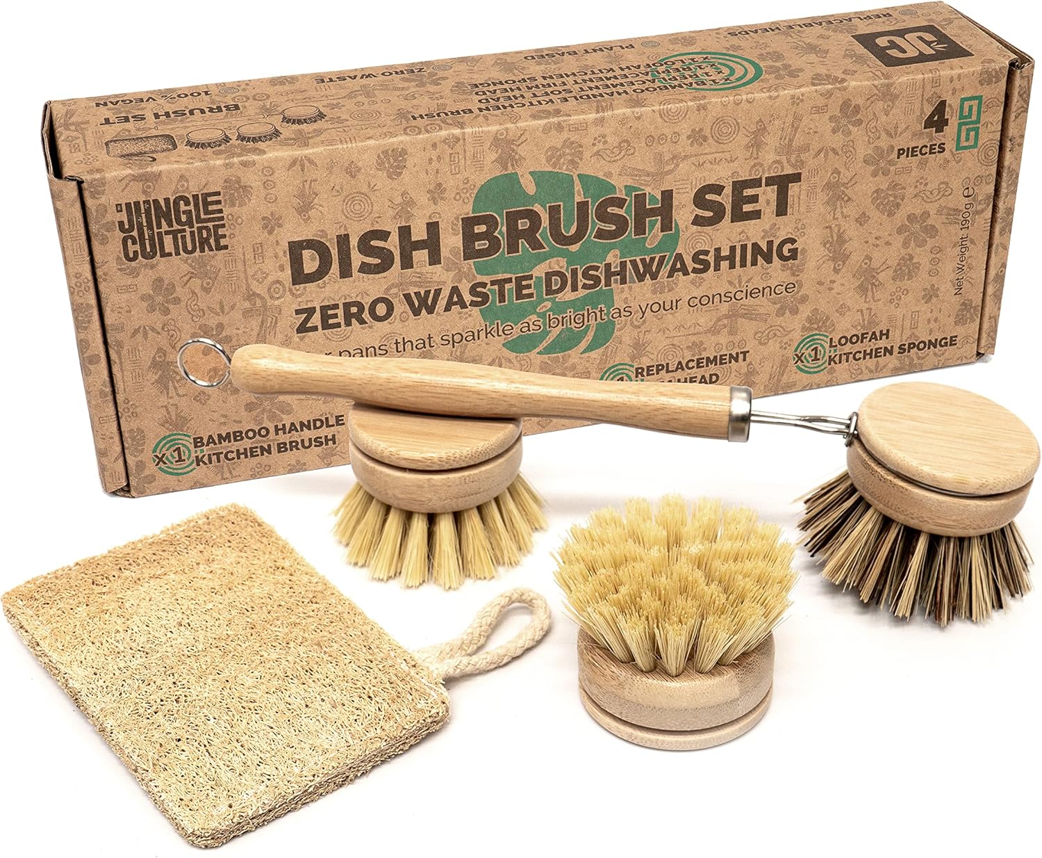 Jungle Culture 4 Piece Bamboo Dish Brush Set for Washing Up • Long Lasting Wooden Dish Brush with 3 Replacement Heads & Loofah Sponge Scourer • Eco Friendly Wooden Scrub Brush for Pots, Pans & Dishes