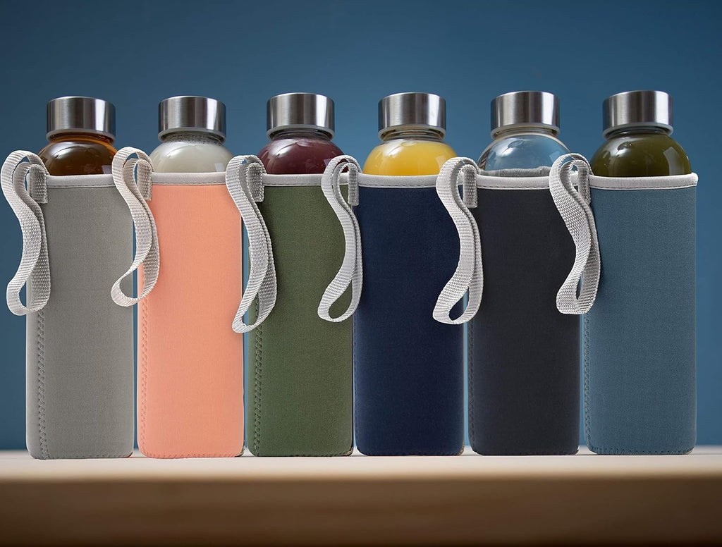 Epica glass bottles with lids – 18oz glass water bottles, reusable juice bottle with lids for storing juices, reusable water bottle durable & ecofriendly set of 6 with Sleeves