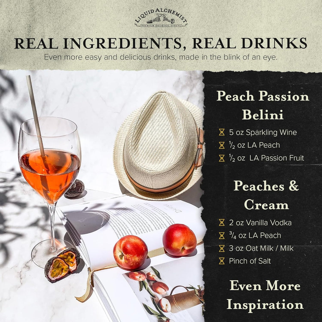 Liquid Alchemist Peach Syrup for Drinks - Real Ingredients Make our Peach Puree for Cocktails a Perfect Bellini Mix - Our Flavored Syrup is Non-GMO & Vegan (12 oz)