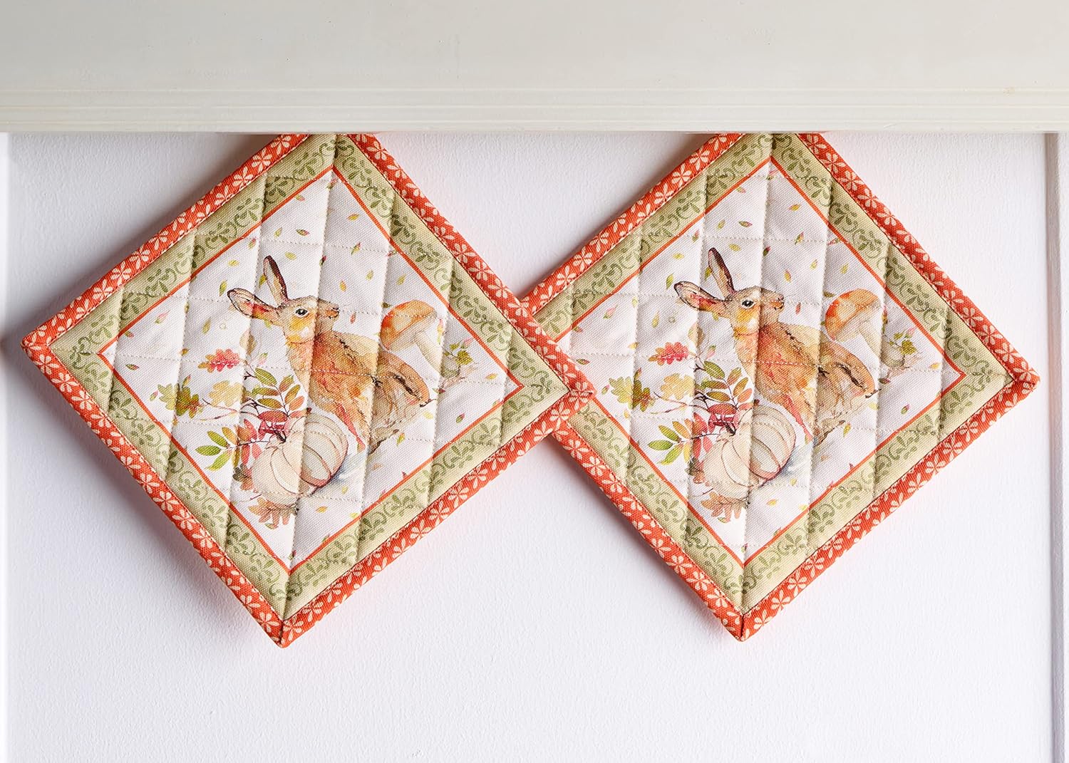 Maison d' Hermine Pot Holders Set 100% Cotton Heat Resistant Potholders 8" x 8" Hot Pads with Loop BBQ, Cooking, Baking, Grilling, Kitchen, Handling Hot Pans (Pack of 2, Pumpkin Passion)