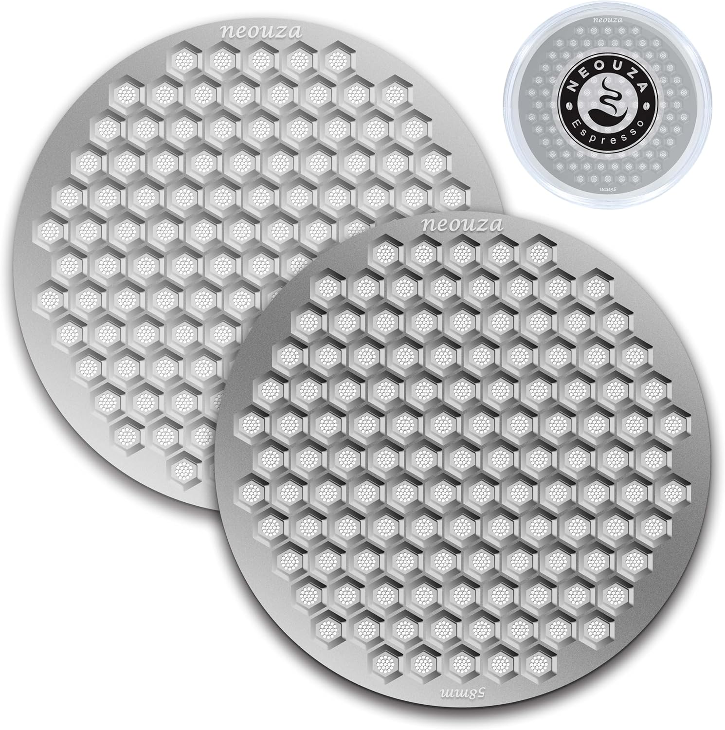 NEOUZA V4 Espresso Puck Screen 0.8mm Thickness Honeycomb Mesh Double Layer Black Protective Coating for Coffee Portafilter Basket (2, Silver, 58mm)