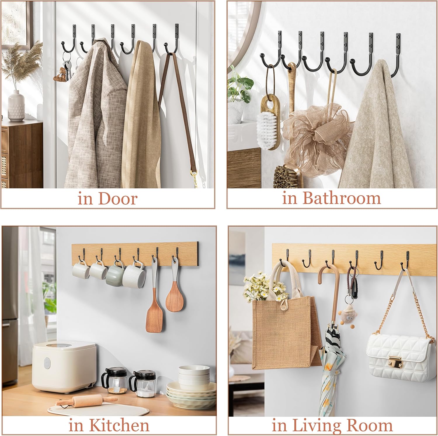 10 Pack Wall Hooks，Metal Hooks Hold up to 45 Lbs，Hooks Wall Mount for Hanging Towel/Coat/Bag/Keys/Cups，Ideal for Bathroom，Outdoor，Closet，Kitchen，Garage，Black