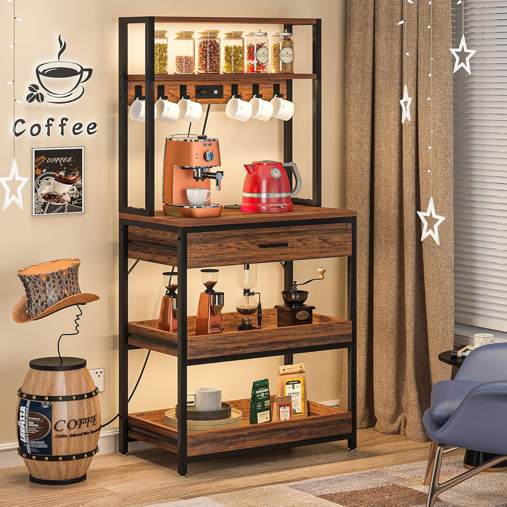 LITTLE TREE Kitchen Baker’s Rack with Power Outlets, Freestanding 5-Tier Microwave Stand with Drawers & Sliding Shelves, Coffee Bar with 6 Hooks for Dining Room Living Room, Rustic Brown