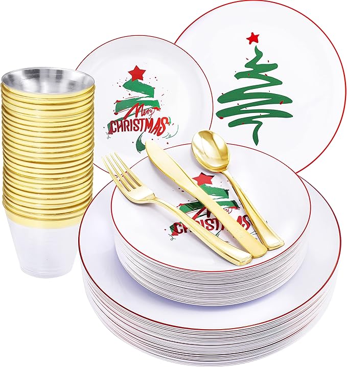 KIRE 25 Guest Christmas Plates - White & Green Tree Plastic Plates & Gold Disposable Utensils & Clear Gold Cups for Christmas Parties