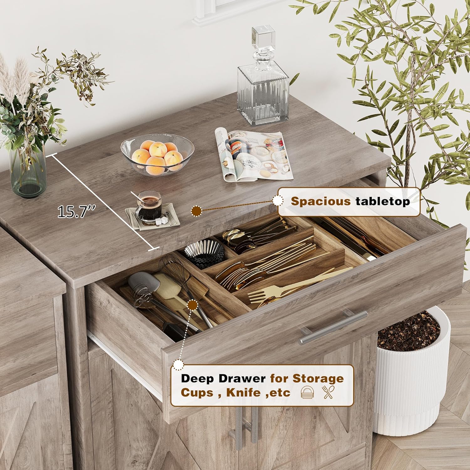 Vongrasig Sideboard Buffet with Storage, Modern Kitchen Storage Cabinet with 1 Drawer and 2 Doors, Wood Coffee Bar Buffet Table for Kitchen, Dining Room, Ash Grey