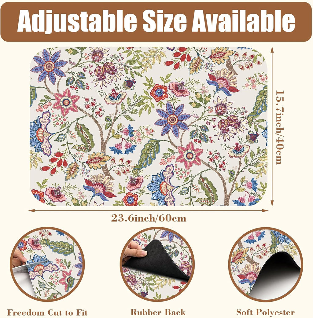 Colorful Flowers Dish Drying Mat for Kitchen Counter Coffee Bar Mat Hide Stain Absorbent Rubber Backed Coffee Maker Espresso Machine Accessories 15.7 x 23.6 Inch