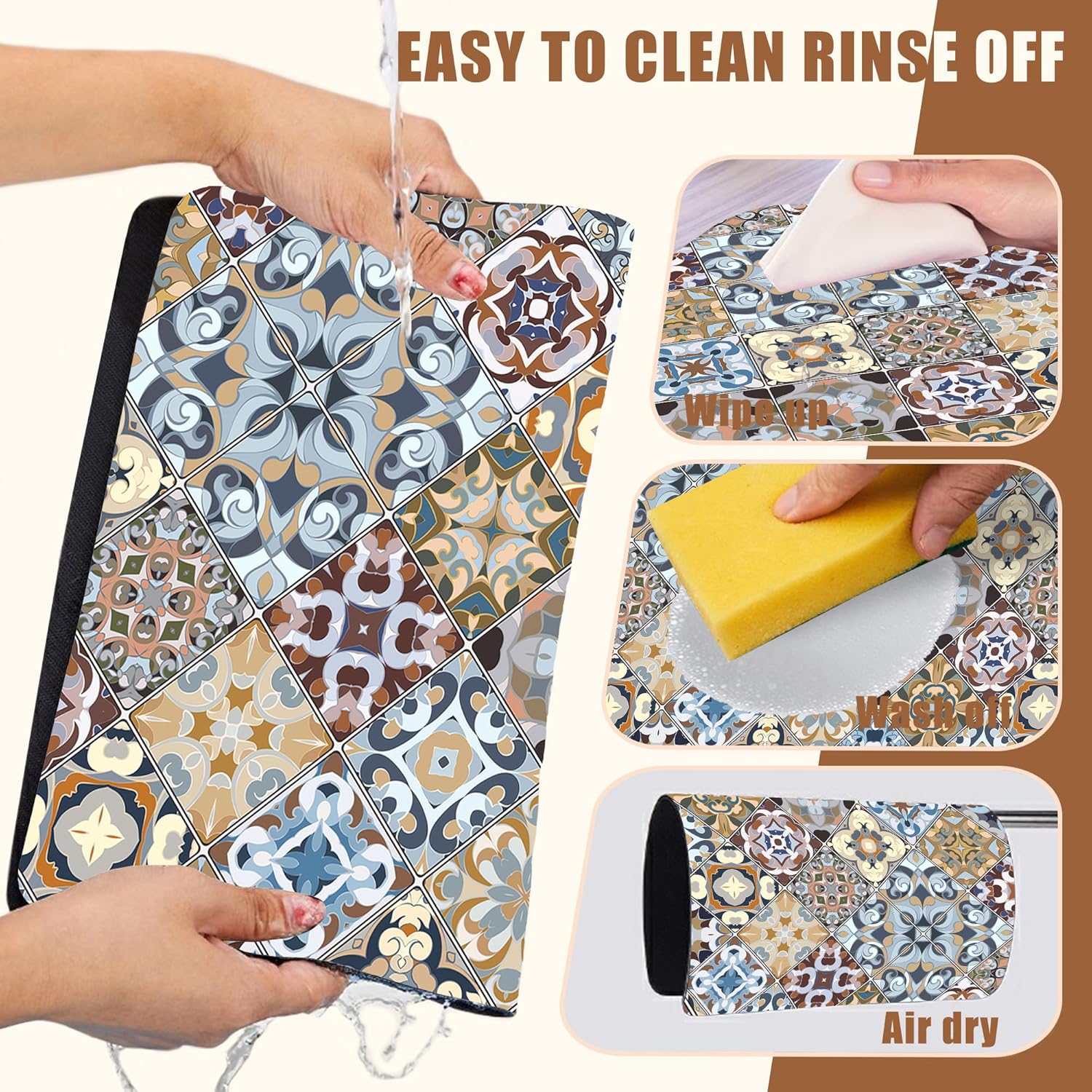 Retro Colorful Tiles Dish Drying Mat for Kitchen Counter Floral Coffee Mat Hide Stain Absorbent Drying Rack Pad with Rubber Backed Espresso Machine Coffee Bar Accessories 15.7 x 23.6 Inch