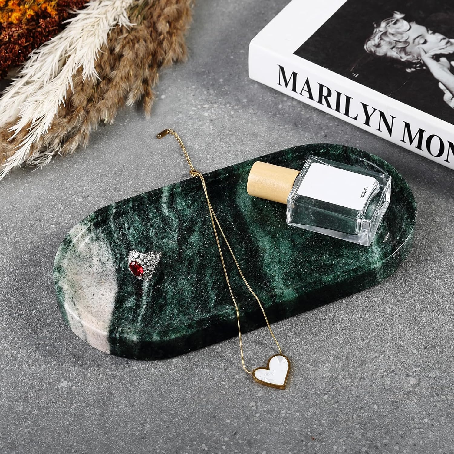 Koville Green Marble Tray for Bathroom Countertop, 10"x5" Natural Marble Vanity Tray Perfume Trays for Dresser, Stone Jewelry Dish Candle Holder for Home Decor, Stone Catchall Trays