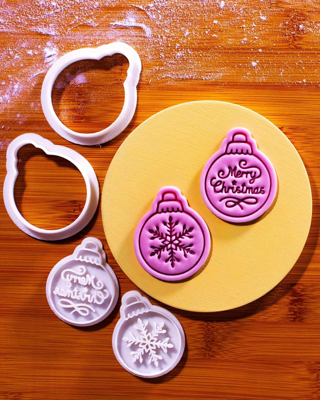BAKERLOGY Winter Wishes – Mini Christmas Bauble Cookie Cutter and Stamp Set (2") – Set of 2 with Snowflake & Merry Christmas Designs for Festive Baking and Edible Crafts