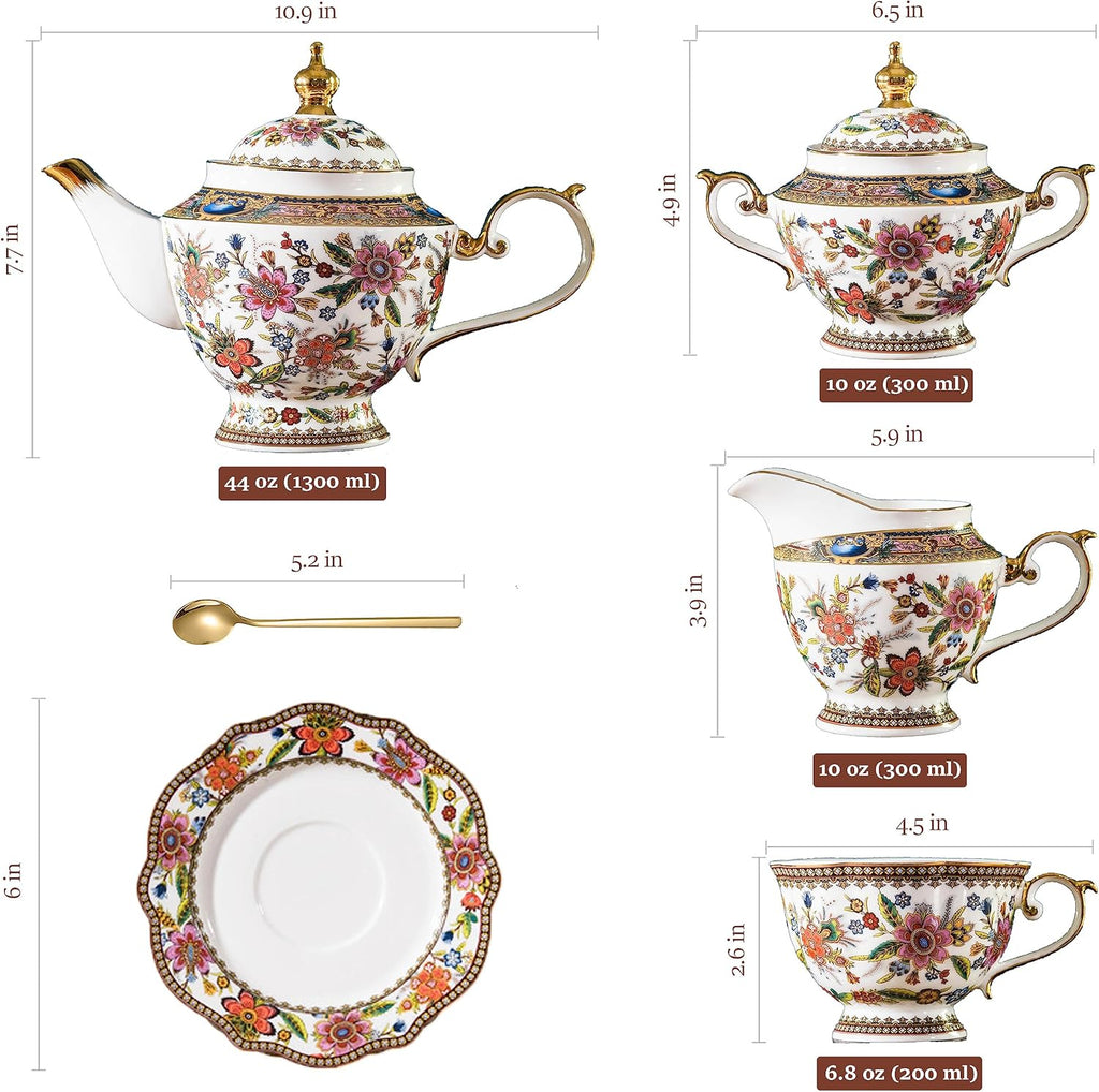 ACMLIFE Tea Set for Adults for 6, Blue and White Tea Set with Cups, Bone China Vintage Floral British English Tea Pot with Cups and Saucers for Women Party, Afternoon Service or Gift Giving (Pink)