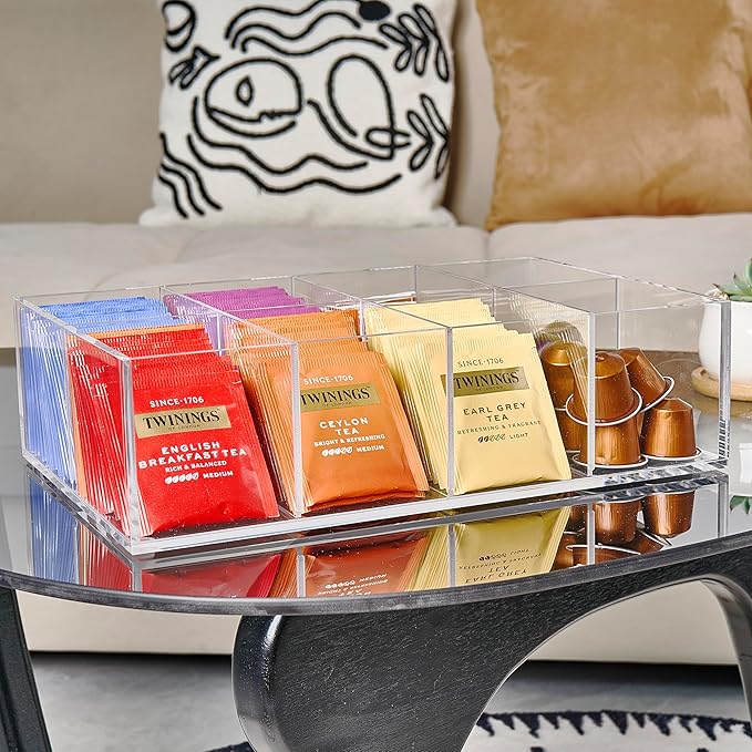 Acrylic Tea Bag Organizer - Clear Tea Storage Box, K Cup Coffee Pods Holder with 8 Compartments, Tea Station Organizer for Countertop, Modern Tea Display Stand